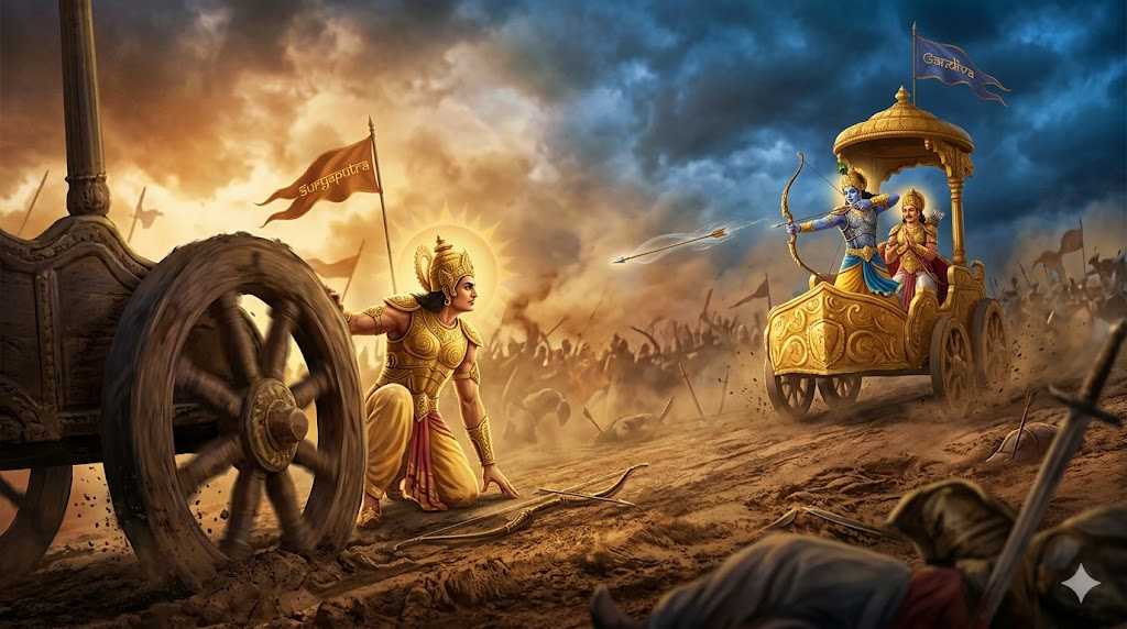 Image related to Karna Parva in Mahabharata: Karna's Command, Valor.